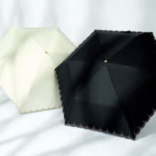 日本180g弯钩折叠伞三折超轻小巧太阳防紫外线黑胶遮阳伞刺绣花边