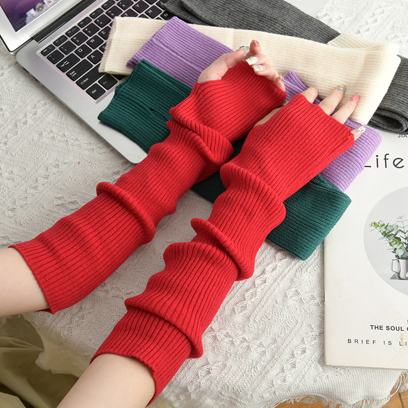 Korean Autumn and Winter New Half Finger Long Women's Arm Oversleeve Thermal Knitting Pile Style Sleeve Open Finger Dopamine Solid Color