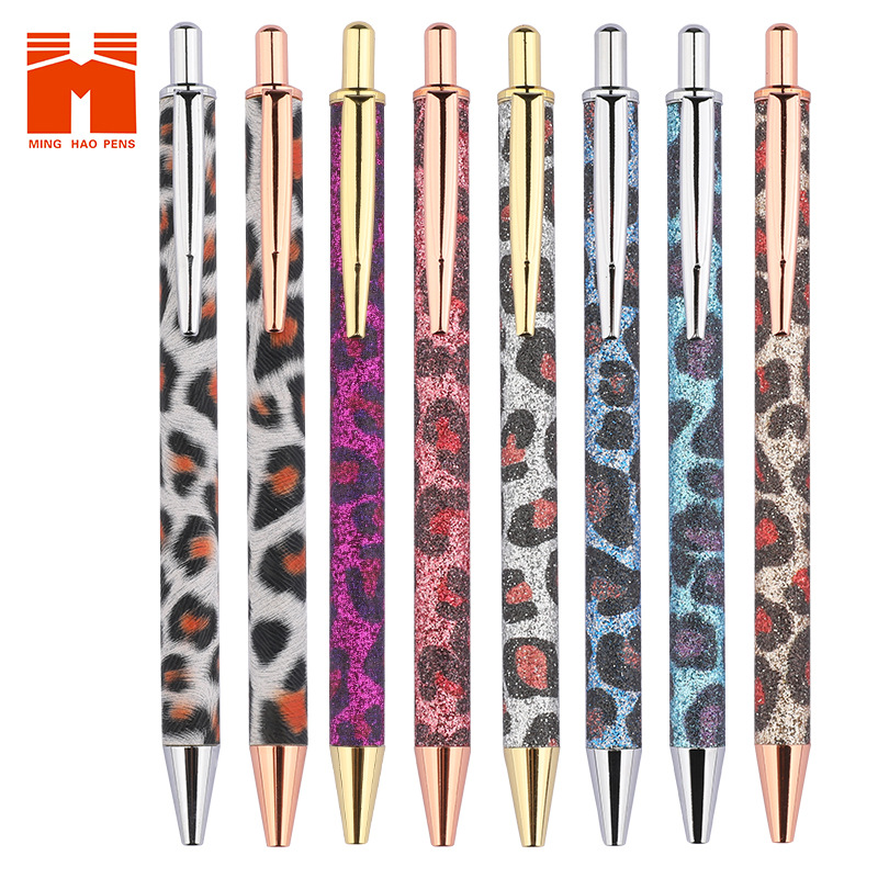 Leopard Print Pen Press PU Leather Ballpoint Pen Beating Metal Pen in Stock Wholesale Gift Pen E-Commerce Cross-Border Supply