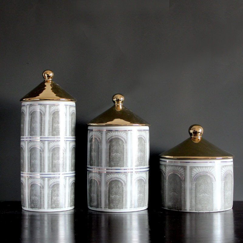 现代轻奢建筑图案陶瓷罐子样板房客厅玄关售楼部软装饰品花瓶摆件