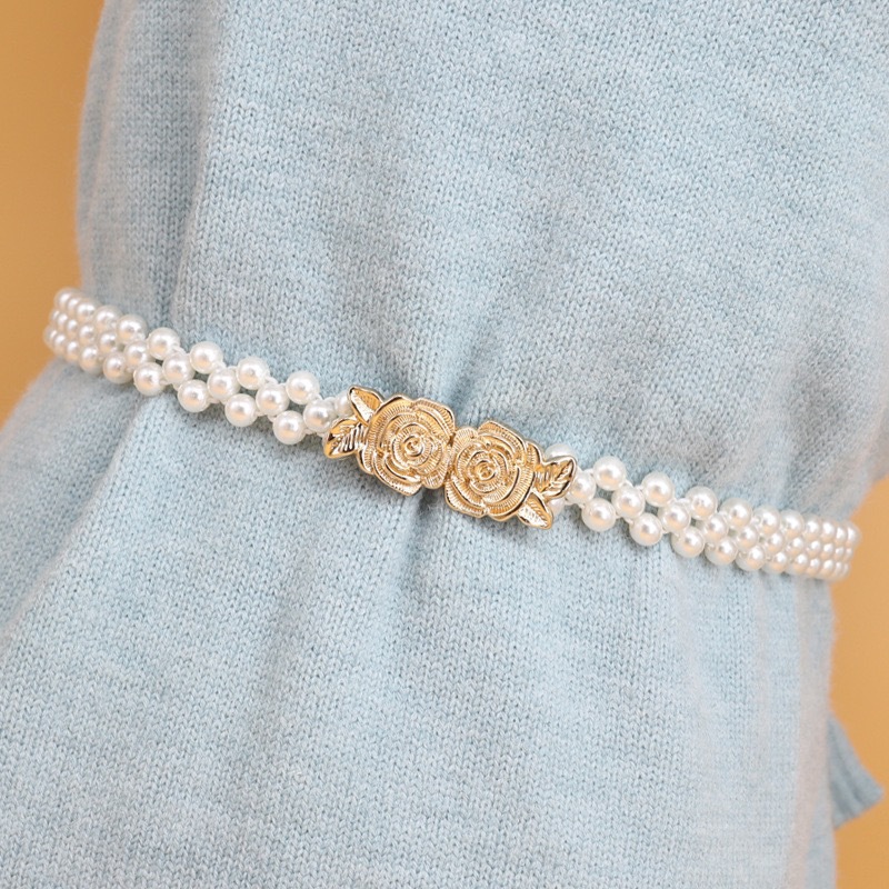 珍珠腰链腰带束腰带女士金属花朵装饰连衣裙编织弹力时尚百搭腰带