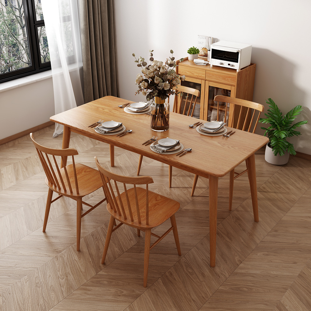 北欧全实木长方形餐桌小户型吃饭桌家用现代简约餐桌椅组合圆腿桌