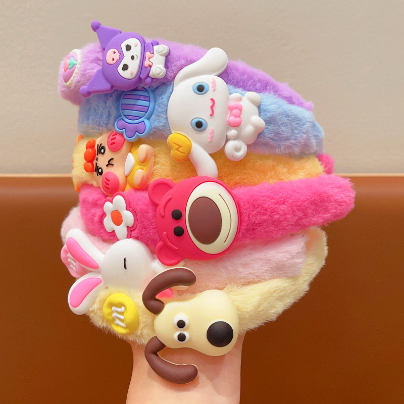 New Cute Cartoon Strawberry Bear Baby Bandeau Fluffy Hair Band Autumn and Winter Candy Color Girl All-Match Hair Pressing Headwear