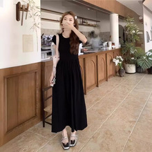 黑色简约短袖连衣裙女装2024年新款修身显瘦中长裙夏季气质a字裙
