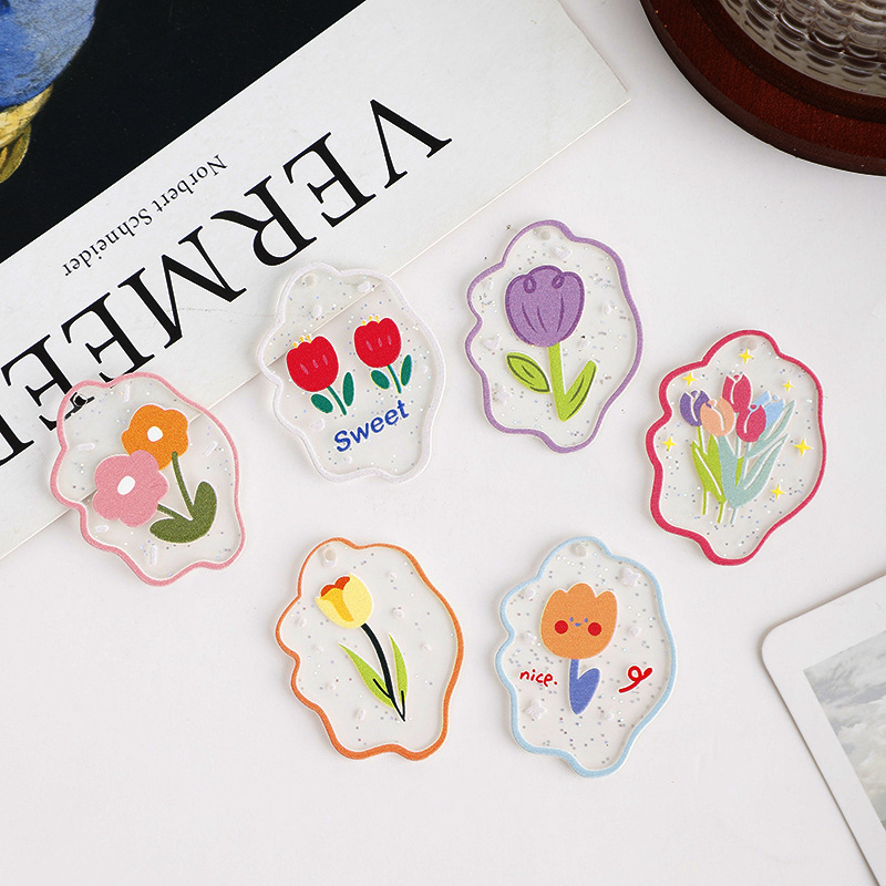 New Products in Stock Acrylic Transparent Printing Colorful Tulip Flower Keychain Earrings Earrings Pendant Wholesale