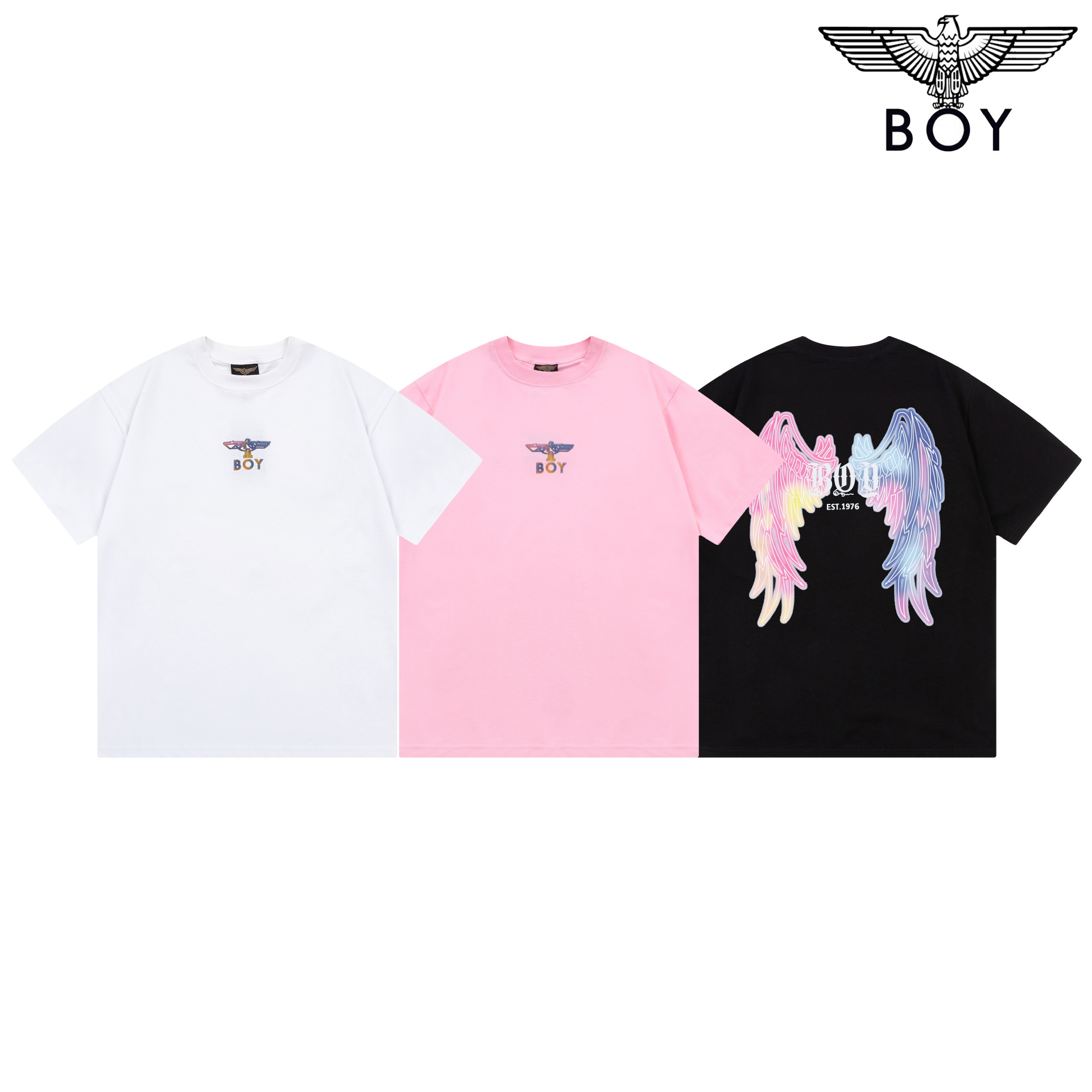 boy短袖彩色烫金闪粉渐变印花叠老鹰翅膀t恤情侣boy短袖宽松t恤衫