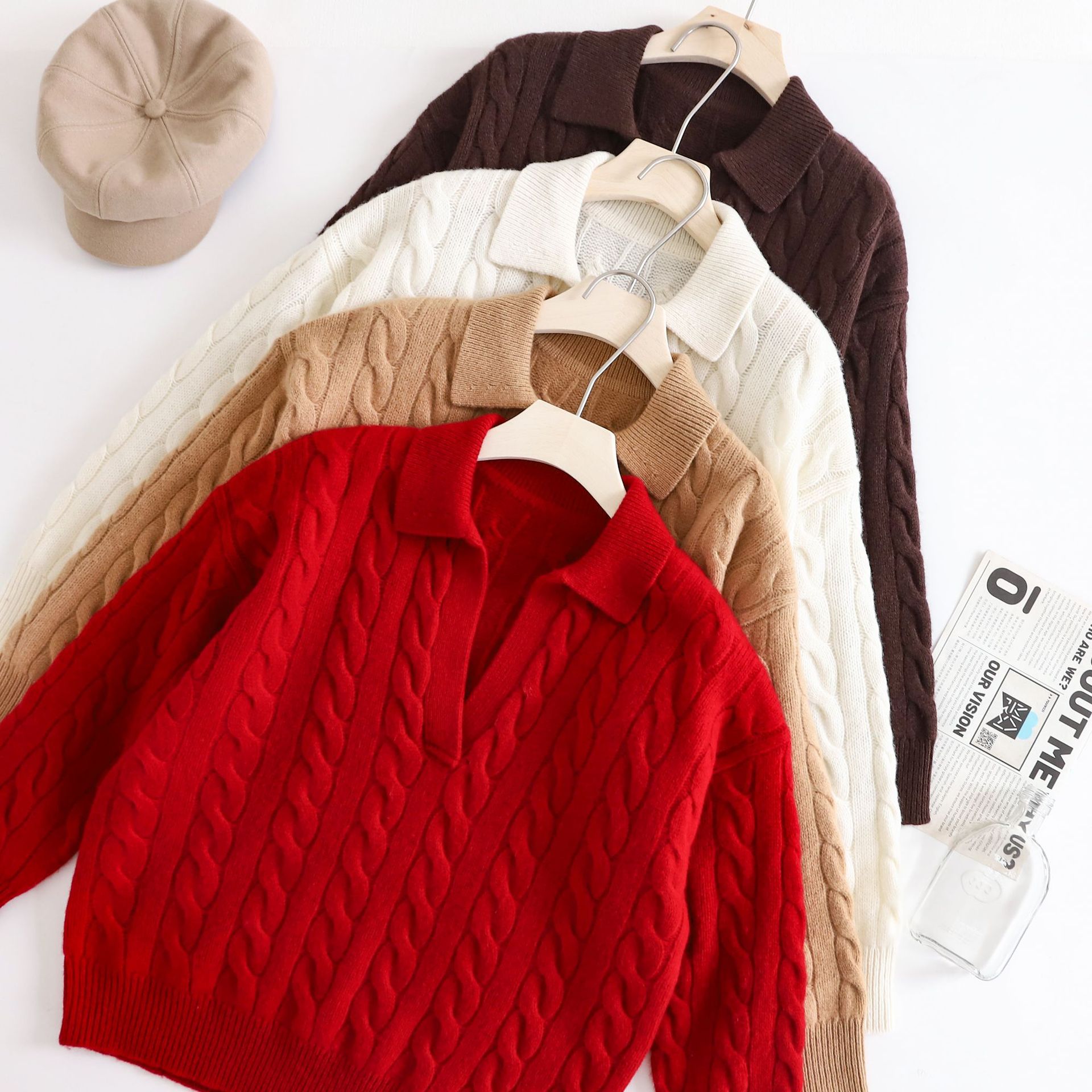 新年红色毛衣厚款老钱风拉夫复古polo翻领麻花羊毛衫针织上衣2567