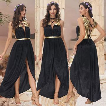 万圣节服 古典神话长袍礼服pu皮点缀开叉长纱裙希腊女神古埃及服