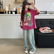 韩版T恤套装女大童夏装中学胖女生10岁12卡通T薄牛仔裤13两件套15