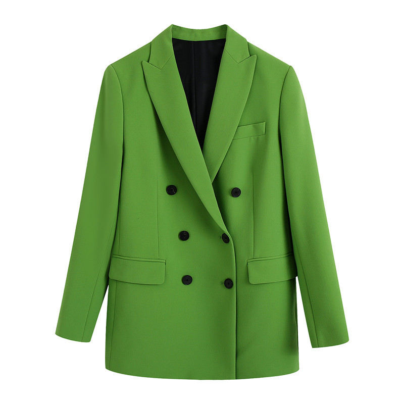 外贸2022欧美春新款复古风翻领长袖双排扣绿色西装外套女2761049