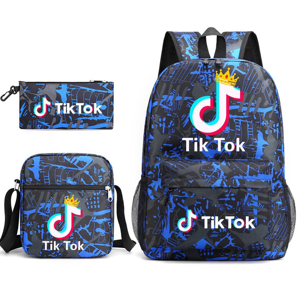抖音tiktok三件套书包休闲双肩包学生大容量户外背包休闲帆布包