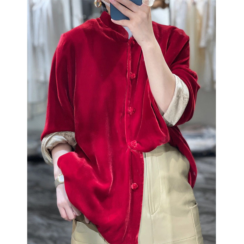 真si丝绒复古唐装上衣春装2021新款新中式立领中国风红色开衫外套