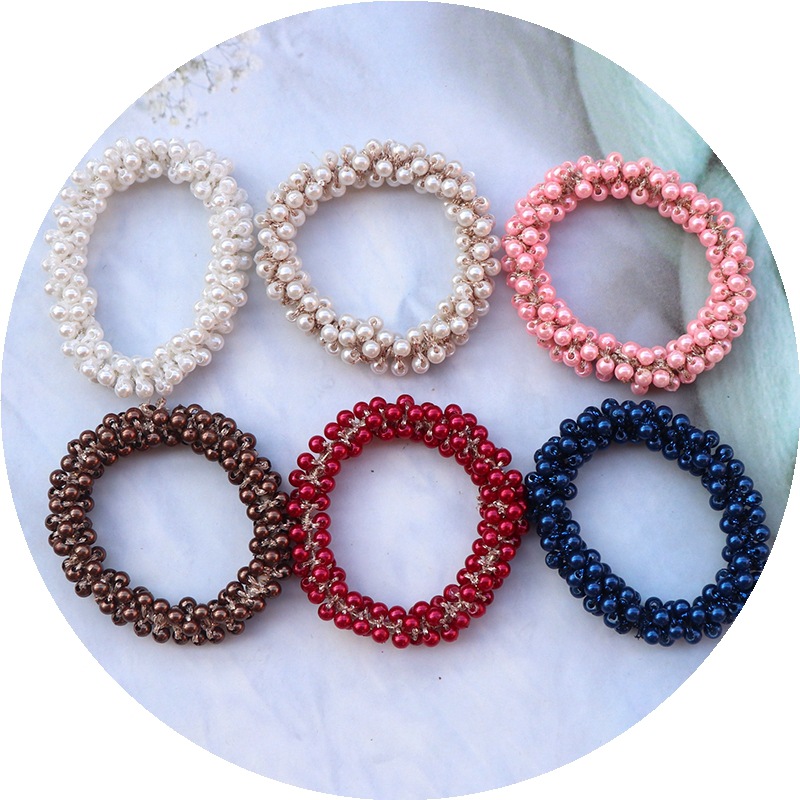 Korean Hair Accessories Hand-Woven Fashion Pearl Hair Rope Back Head Tie Ponytail Bandeau Crystal Rubber Band Children's Bracelet