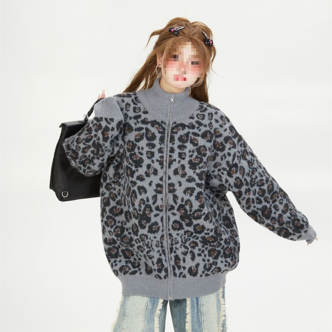美式复古豹纹提花立领毛衣外套女秋冬新款宽松慵懒风休闲针织开衫