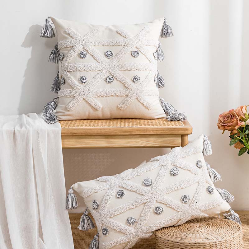 Amazon Cross-Border Bohemian Tassel Pillow Cover Cotton Canvas Stitching Sofa Cushion Lumbar Cushion Cover Wholesale