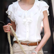 夏季新款韩版荷叶花边白色衬衫女短袖职业装修身显瘦打底雪纺衬衫