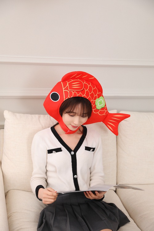 批发 红色锦鲤头套帽子 毛绒头套 拍照道具写真道具 卡通头套