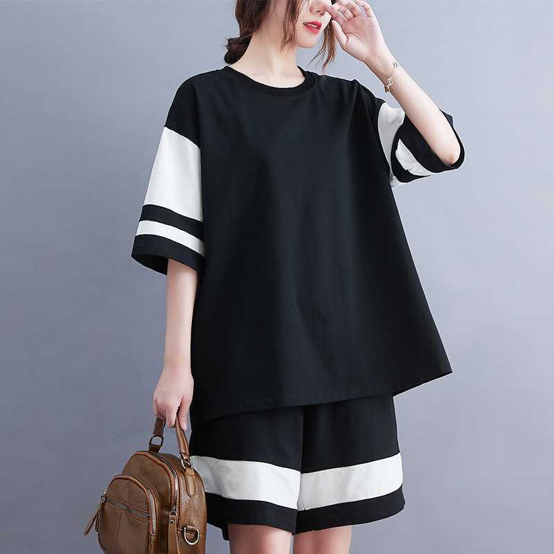Real Shot plus Size Sports Casual T-shirt Two-Piece Women's Loose Multicolor Oversized Short Sleeve Shorts Suit 2024 Summer Clothes