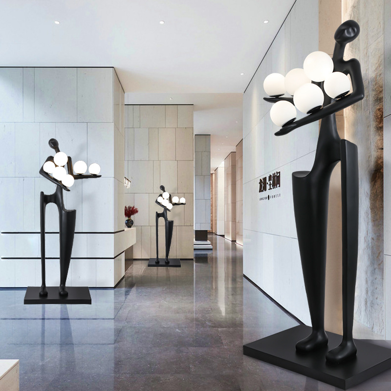 Welcome Figure Sculpture with Light Creative Exhibition Hall Art Hotel Lobby Club FRP Humanoid Floor Lamp Decoration