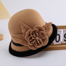 新款毛呢盆帽帽子秋冬季韩版时尚百搭花朵中年礼帽冬天女士渔夫帽