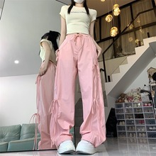 粉色美式设计感工装裤女春秋2024新款高腰宽松显瘦束脚休闲阔腿裤