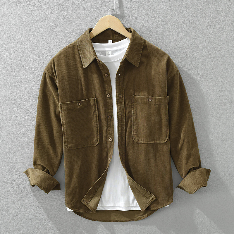 6988复古灯芯绒长袖衬衫男士时尚简约宽松休闲上衣外套潮一件代发