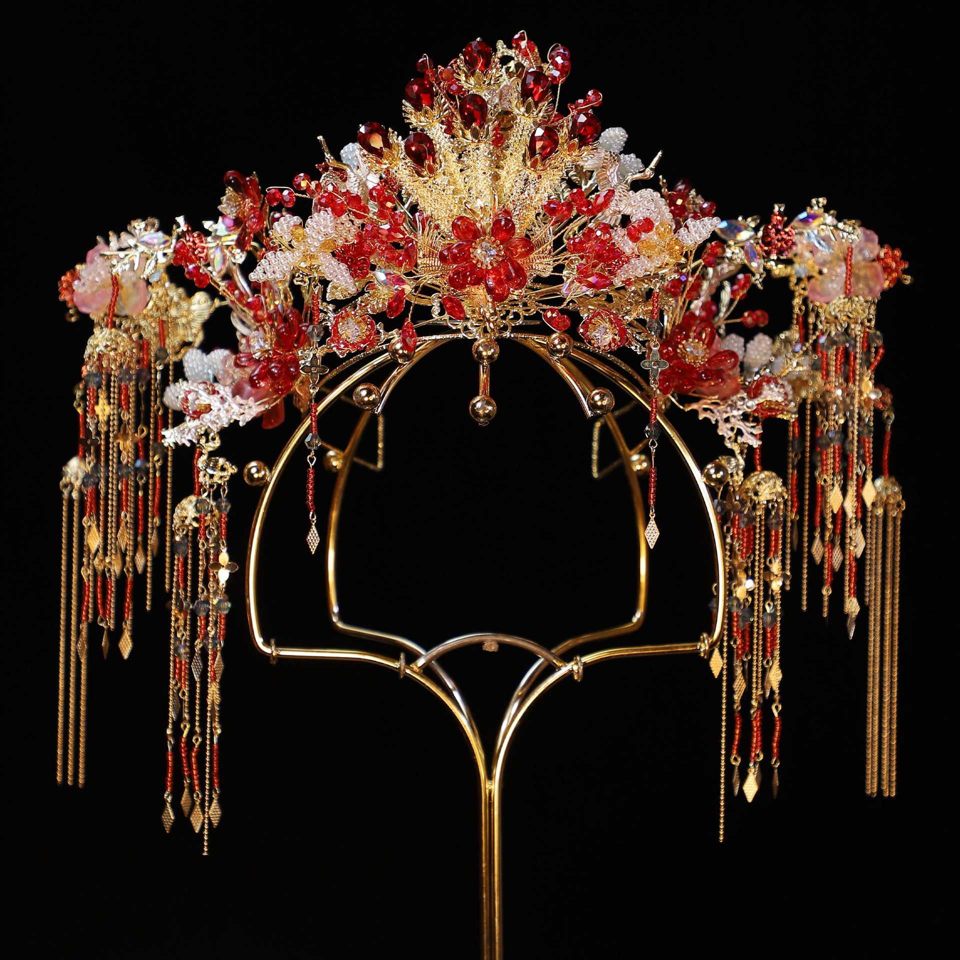 新娘头饰新中式红色奢华凤冠结婚订婚礼服秀禾龙凤褂宫廷新娘头饰