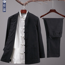 中国风男士唐装套装棉麻三件套亚麻外套中式复古汉服中山装春秋季