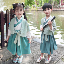 儿童棉麻汉服套装男童刺绣唐装中国风女童连衣裙幼儿园表演服批发
