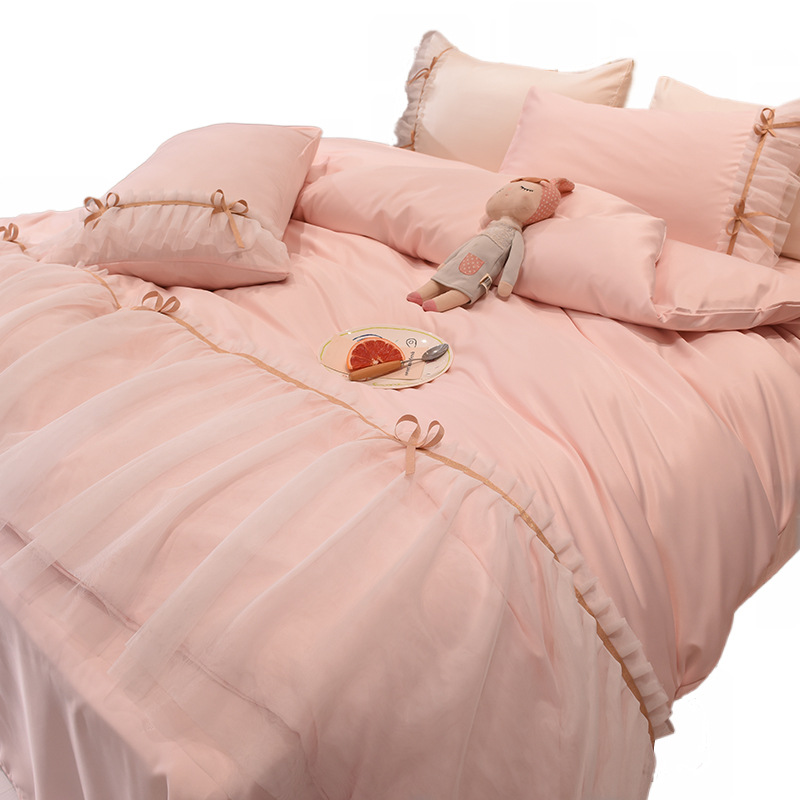 Korean Bed Ice Silk Four-Piece Set Summer Spring and Summer Spring and Autumn Bed Sheet Quilt Cover Princess Style Fairy Summer Bare Sleeping Pink