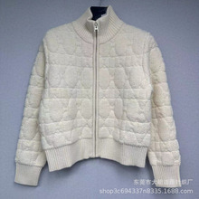 D家羊羔毛外套23秋冬纯色菱格纹羊毛高领短款夹克外套拉链开衫女