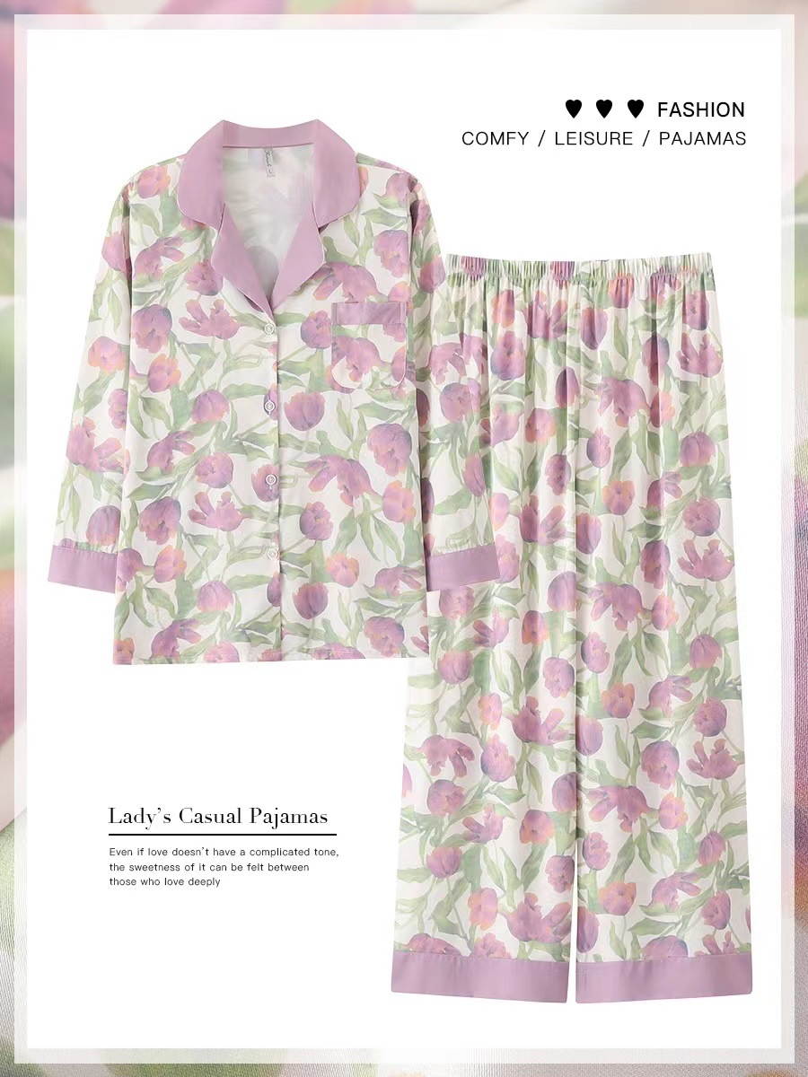 French Tulip Printed Pajamas Female Summer New Ice Silk Long Sleeve Sweet High-Grade Home Wear Suit Can Be Worn outside