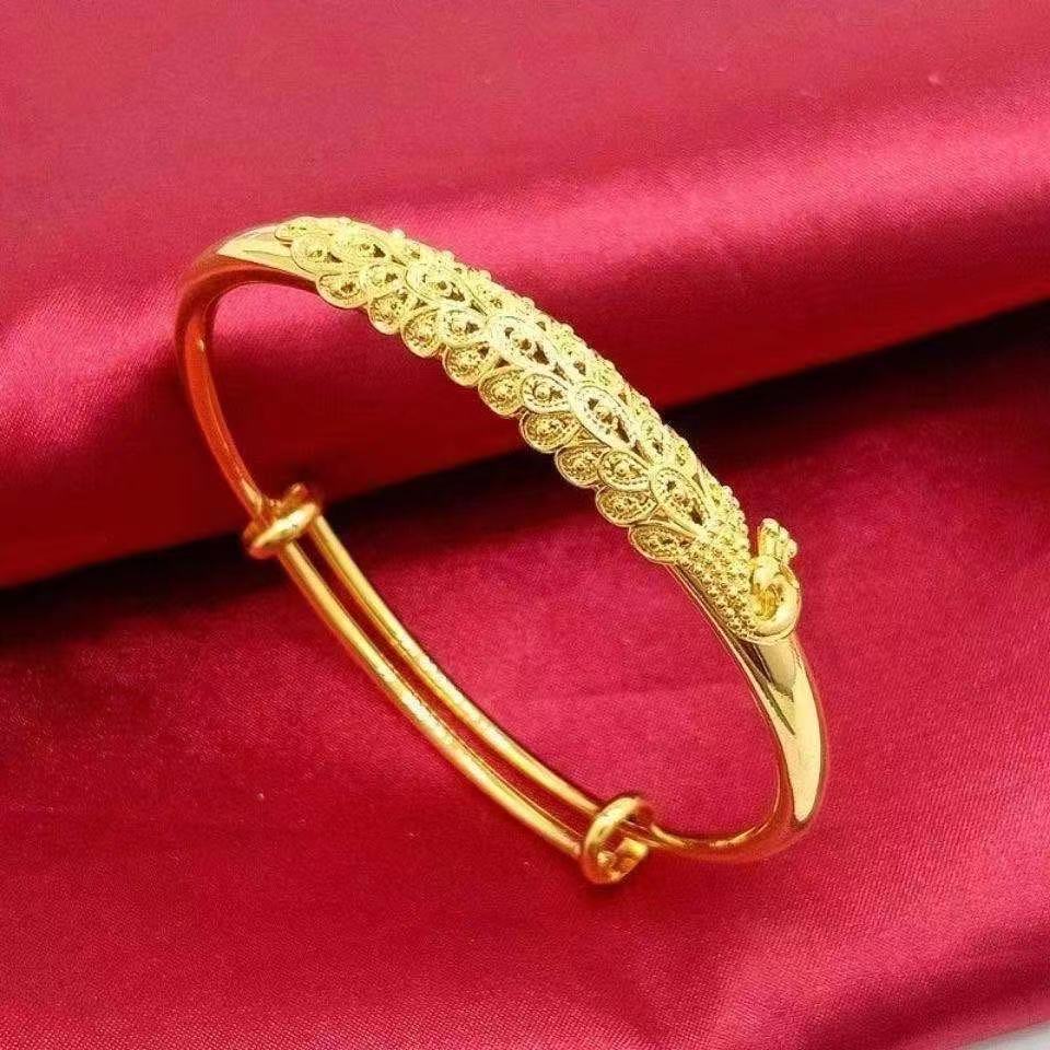 时尚孔雀沙金手镯女民族风女款推拉黄金色孔雀手镯金色手镯送女友