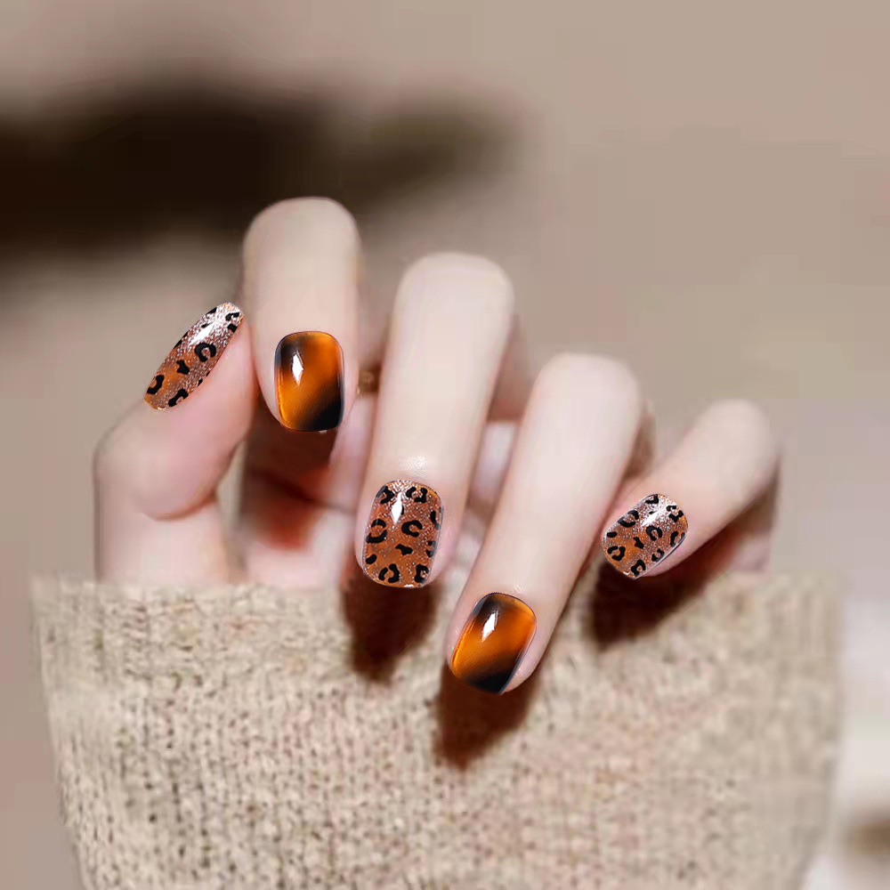 假指甲成品时尚豹纹手工晶石猫眼美甲可拆芭蕾美甲成品贴片短款