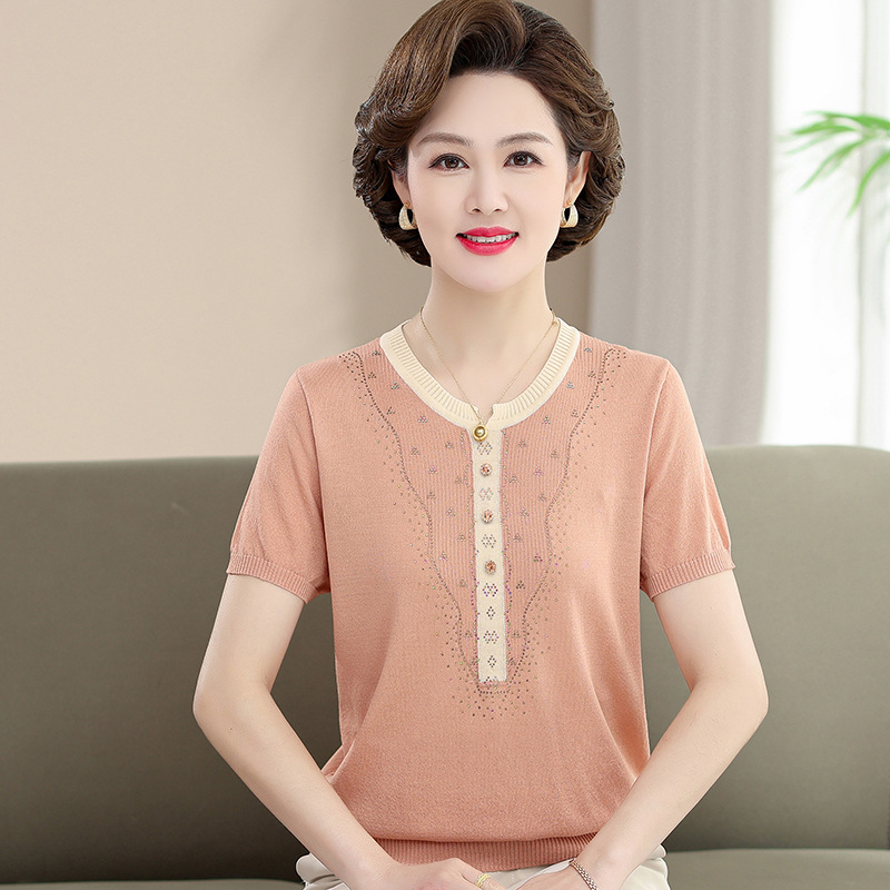 Mom's Summer Wear Middle-Aged and Elderly Women's Clothing Loose Ice Silk T-shirt Thin Sweater 2024 Summer Short Sleeve Belly Covering Clothes