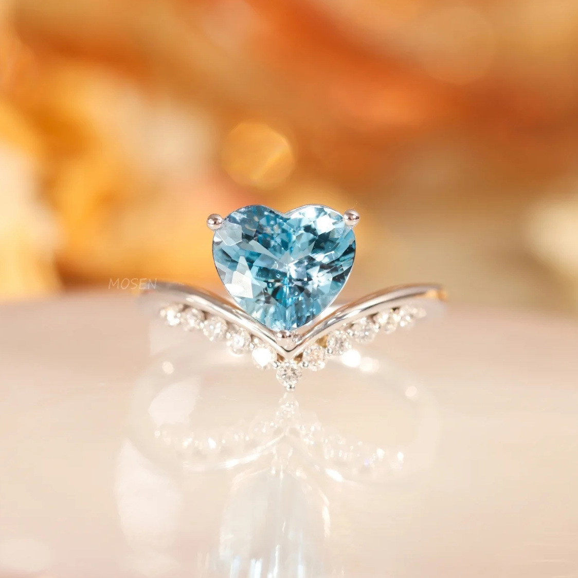 跨境wish法式轻奢小众海洋之心戒指女高端璀璨之心形海蓝锆石指环