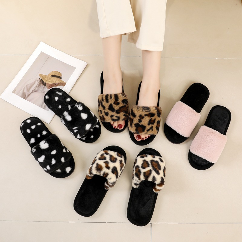 Fairy Style Leopard Print Fluffy Slippers Women's Outer Wear 2023 Autumn New Plush Air-Conditioned Room Lazy Word Cotton Slippers