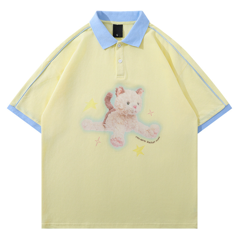YPRS男装甜酷玩偶猫咪拼色POLO衫男女夏季宽松小众学生设计感短袖