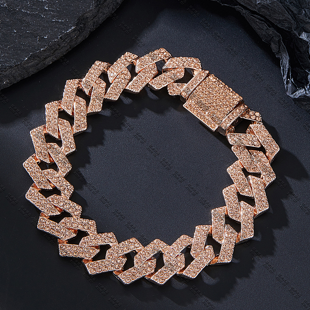 Hip Hop Style 15mm Cuban Link Chain Diamond Alloy Rhinestone Champagne Cuban Bracelet European and American New One Piece Dropshipping