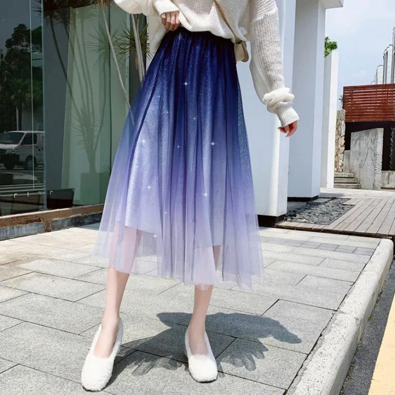 网纱半身裙女春秋梦幻星空渐变色纱裙高腰大摆裙子仙女裙中长款夏