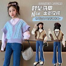 女童秋季套装新款韩版春秋装针织毛线衣背心衬衣小女孩两件套