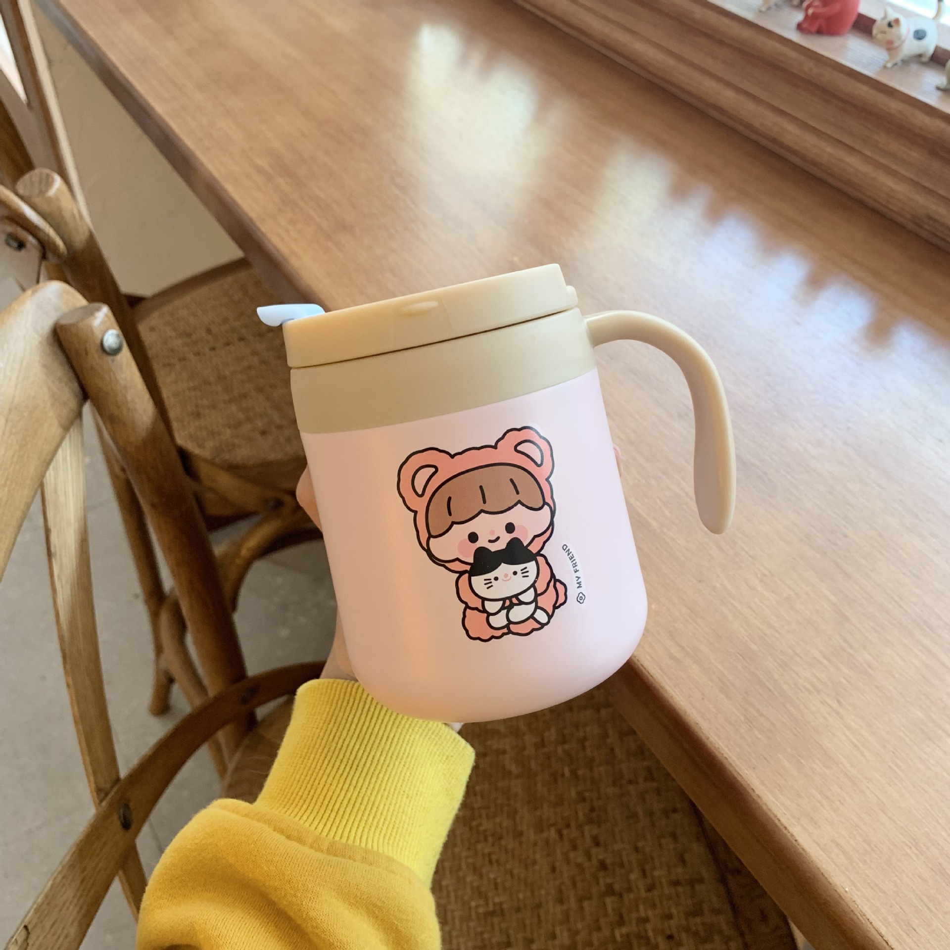 Korean Cute Cartoon Thermal Mug Household Office Coffee Cup with Handle 304 Stainless Steel Water Cup Student Leak-Proof