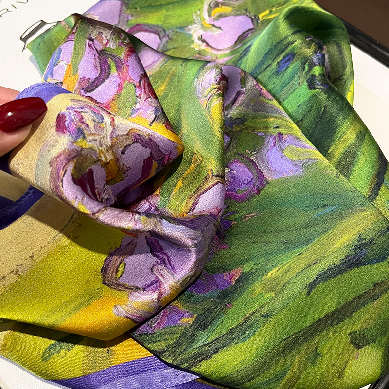 Fresh and Retro Pastoral Spring and Summer Purple Tulip Silk Scarf Women's 53 Square Scarf Neck Scarf Shirt