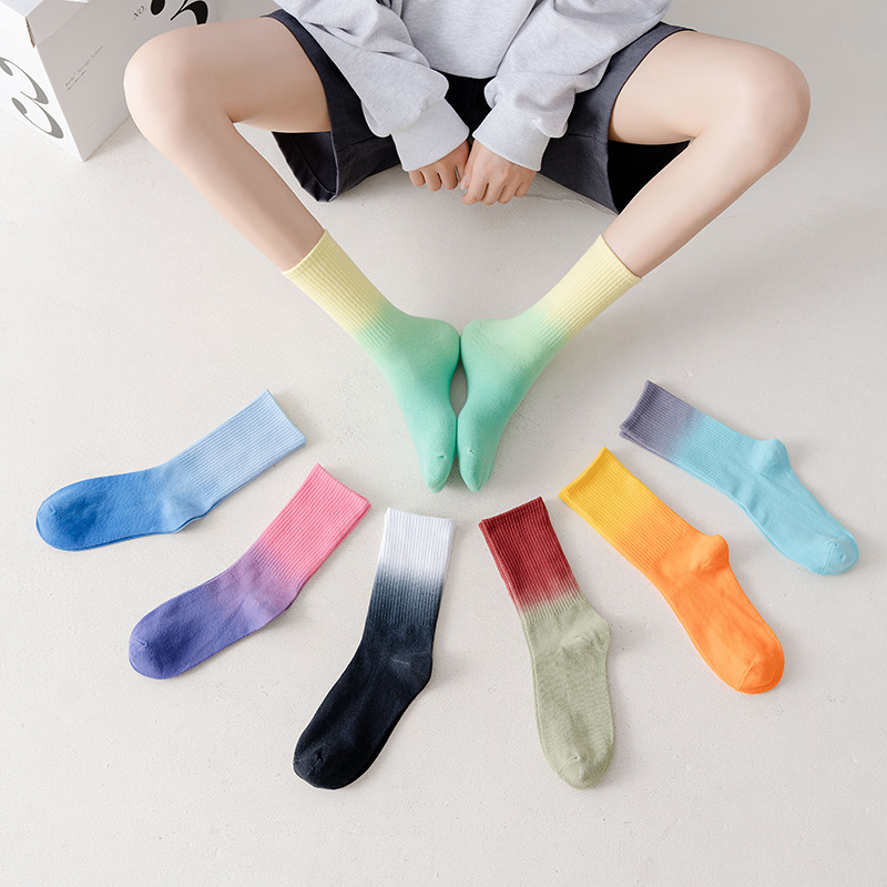 [Gradient Socks] Knee-High Sports Socks Women's Ins Fashion Brand Outerwear Socks European and American Street Sesh Casual Tie-Dyed Socks