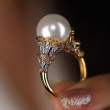 意大利织纹雕金蕾丝花边双色金镶钻澳宝珍珠戒指布拉提专柜同款女