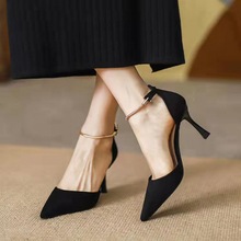 黑色细跟高跟鞋女2024年春秋新款设计感小众气质法式包头夏季凉鞋