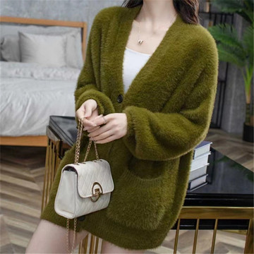 爆款毛衣外套女时尚宽松慵懒风仿水貂绒开衫外套女外穿针织上衣女