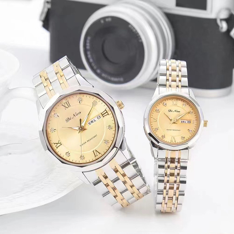 dinuo手表钢带日历防水情侣腕表出口跨境货源高级感商务时尚对表