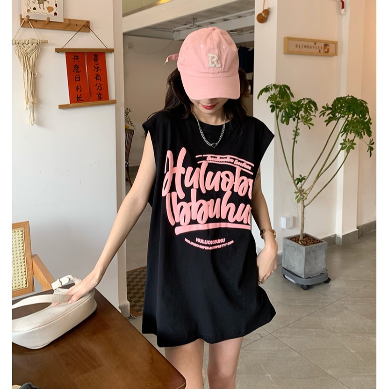 Women's Foam Letter Print Lower Body Covering T-shirt Summer Idle Style Loose Mid-Length Sleeveless Vest Top