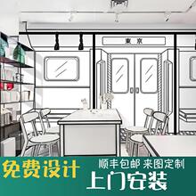 手绘黑白地铁防潮墙纸网红餐厅奶茶店壁纸二次元剧本杀墙纸自粘